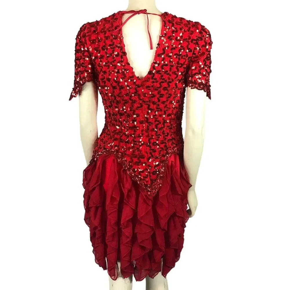 American Vintage Dollar Red Sequence layered ruffled party dress size small